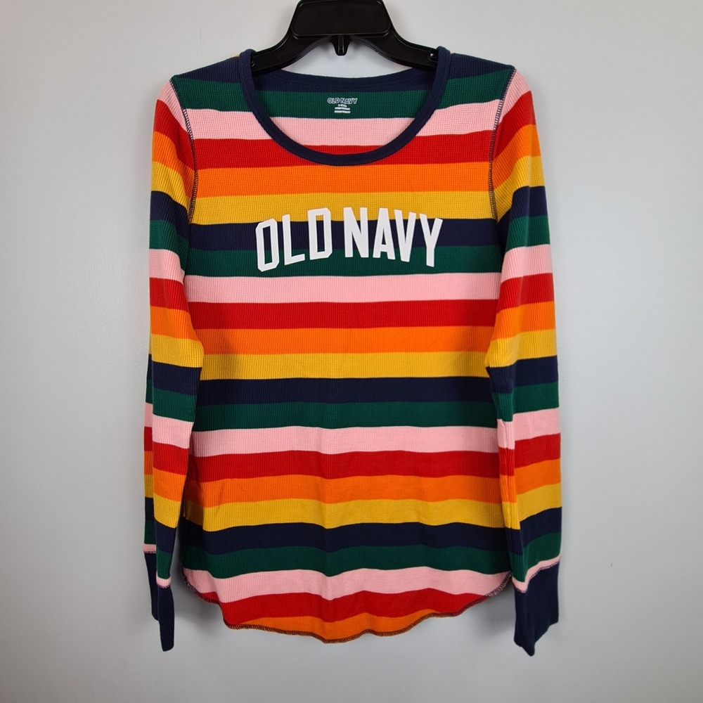 Old Navy Rainbow Striped Waffle Knit Thermal Long Sleeve Pajama Shirt L Tall